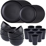 Supernal Wheat Straw Dinnerware Sets,Unbreakable Dinner Plates for 8, Dishwasher Safe,Reusable Dinnerware,Black Set 16pcs Plates, 8pcs Bowls, 8pcs Cups,Perfect for Party Birthday and Wedding