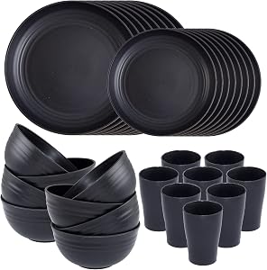 Supernal Wheat Straw Dinnerware Sets,Unbreakable Dinner Plates for 8, Dishwasher Safe,Reusable Dinnerware,Black Set 16pcs Plates, 8pcs Bowls, 8pcs Cups，Perfect for Party Birthday and Wedding