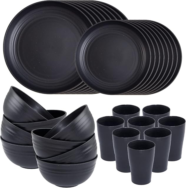 Supernal Wheat Straw Dinnerware Sets,Unbreakable Dinner Plates for 8, Dishwasher Safe,Reusable Dinnerware,Black Set 16pcs Plates, 8pcs Bowls, 8pcs Cups,Perfect for Party Birthday and Wedding