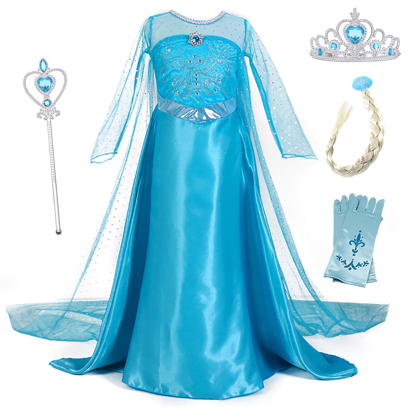 New front Niñas Vestido de Princesa Elsa Elegante Disfraz de Reina Frozen Festivo y Accesorios Corona,Vara,Trenza,Guantes Chica Cosplay Traje de Fiesta Carnaval Navidad Boda
