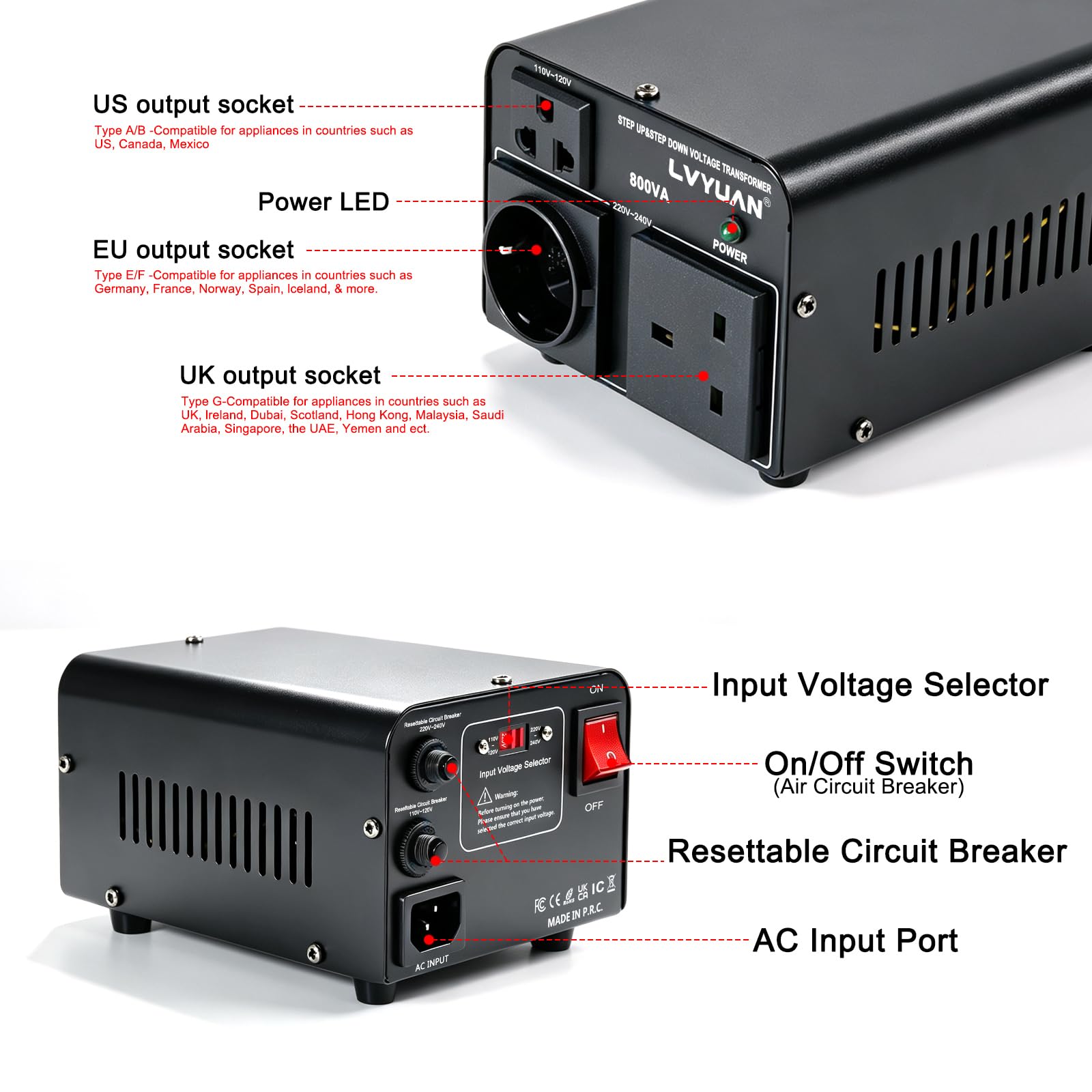 Cantonape Convertitore di tensione 800 VA 220 V/110 V - Trasformatore ascensore/riduttore di tensione da 800 W USA, uscita 110/120 Volt 220/230 Volt AC