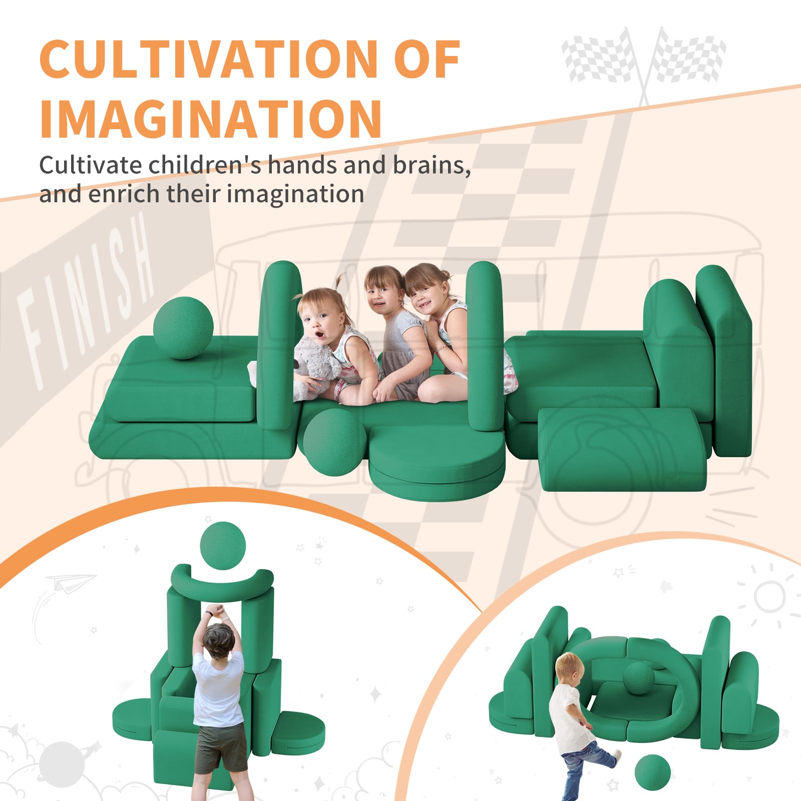 DEYGIA 16PCS Modular Kids Play Couch, 63'' Kids Couch with 3 Balls, Tunne, 16 in 1 Toddler Couch for Playing, Creativing, Sleeping, Indoor Kids Sofa for Boys and Girls (Green)