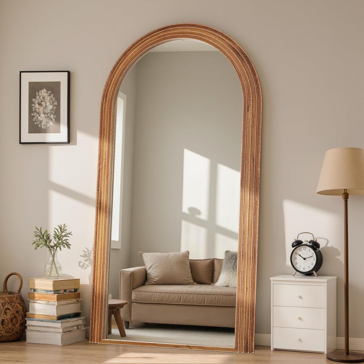 Full Length Mirror 76"×41" Floor Mirror Standing Tall Mirror, Arched Stand up Large Wall Mirrors, Freestanding Full Body Mirrors for Bedroom Living Room Wood Vintage Style Brown