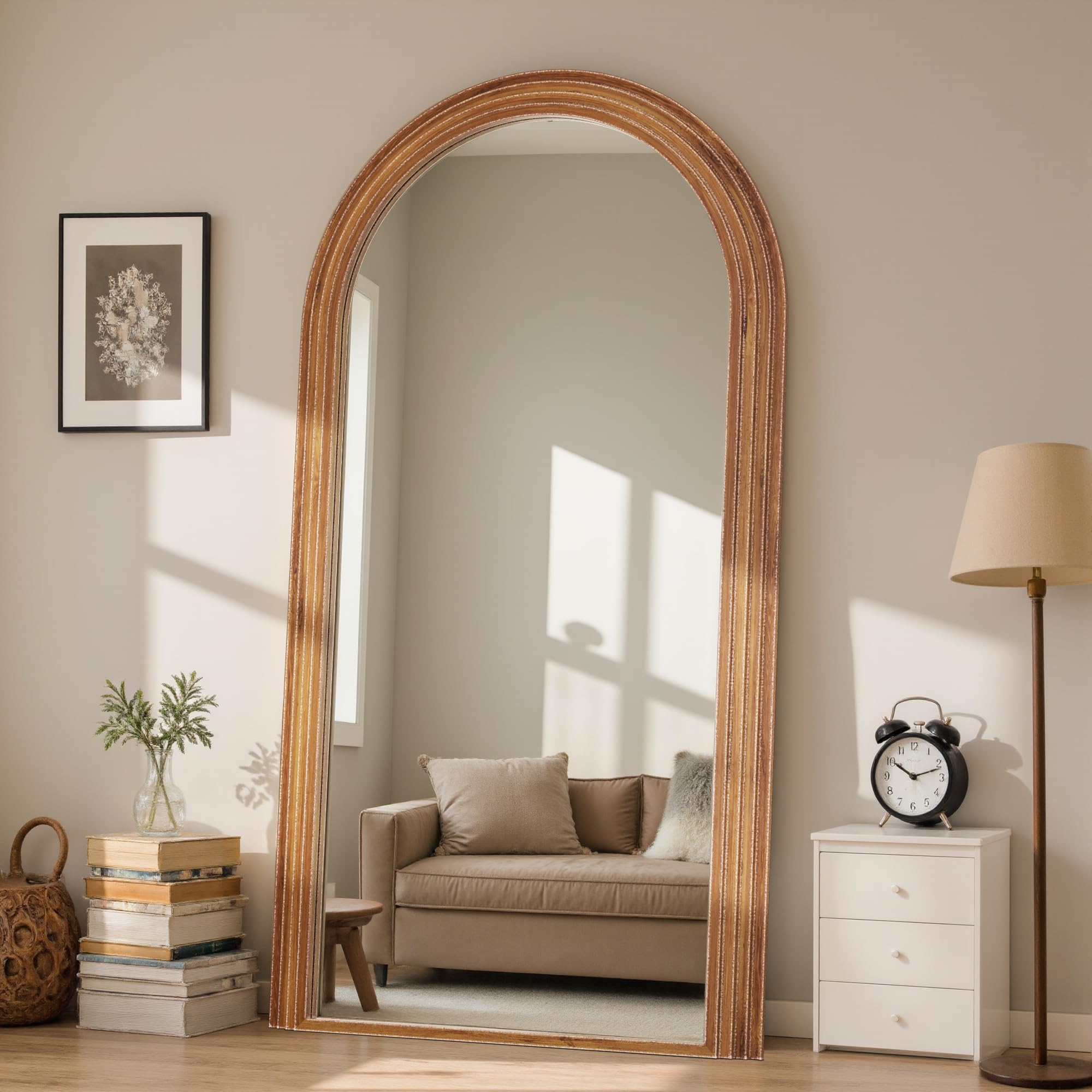 Antok Full Length Mirror 76"×41" Floor Mirror Standing Tall Mirror, Arched Stand up Large Wall Mirrors, Freestanding Full Body Mirrors for Bedroom Living Room Wood Vintage Style Brown