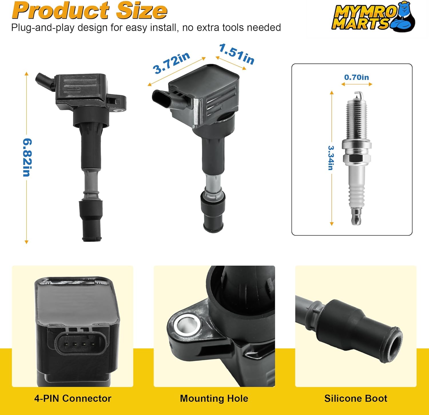 4pcs UF816 Ignition Coils & Iridium Spark Plugs for Hyundai Elantra/Sonata 2.0L, Kia Forte/Optima 2.0L - Replaces GN10877, 4913