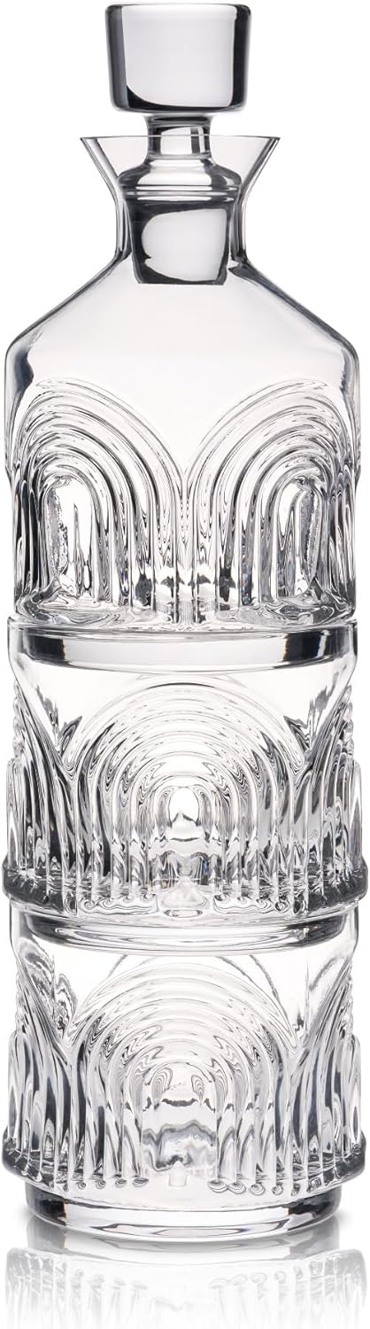 Viski Beau Stacking Decanter Set with Lowball Glasses - Crystal Decanter and Glasses for Whiskey - Art Deco Cocktail Glasses Whiskey Decanter Set of 3
