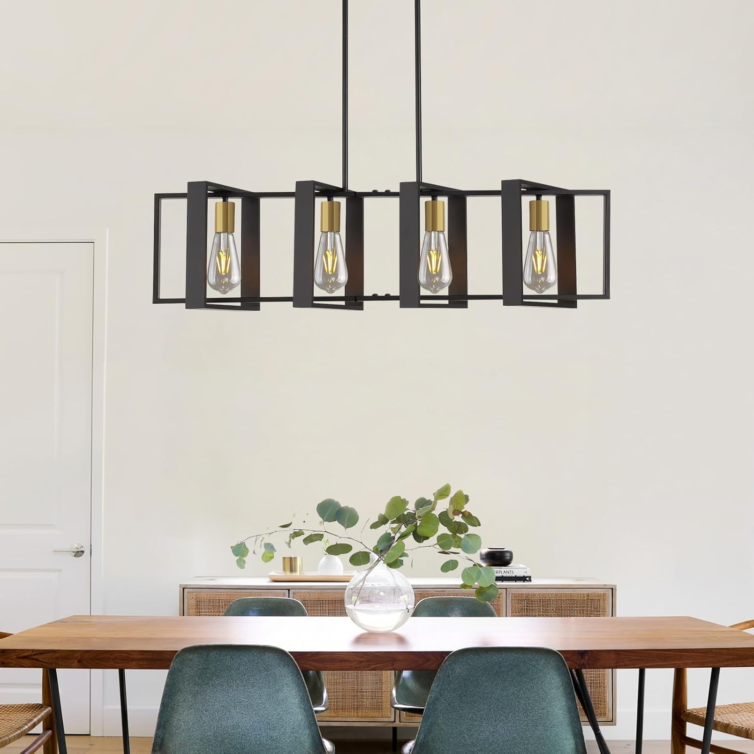 31.4 Inch Farmhouse for Dining Room 4 Light Black Metal Pendant Light Over Table Hanging Lamp for Kitchen Entry