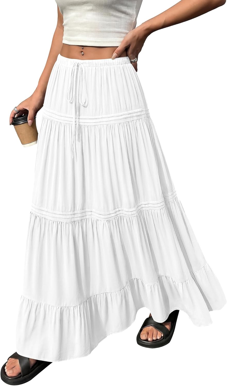 BTFBM Spring Skirts for Women 2026 Summer Boho Beach Vacation Clothes Casual Pleated High Waisted Flowy Maxi Skirt - Image 2