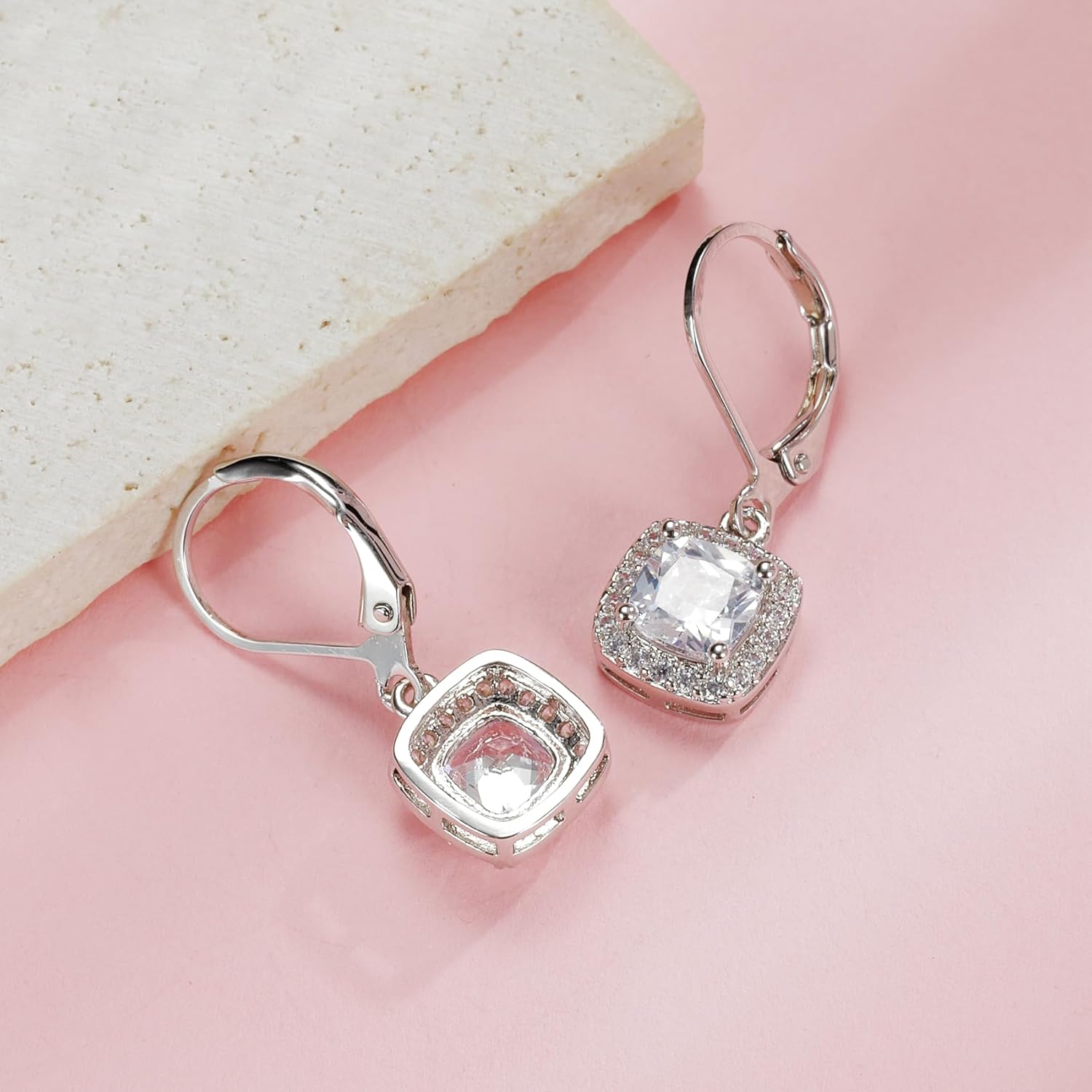 MDFUN Dangle Earrings 18K White Gold Plated Round Princess Halo Square Heart Teardrop Eye Cut Clear Cubic Zirconia Drop Earrings for Women Hypoallergenic - Image 6