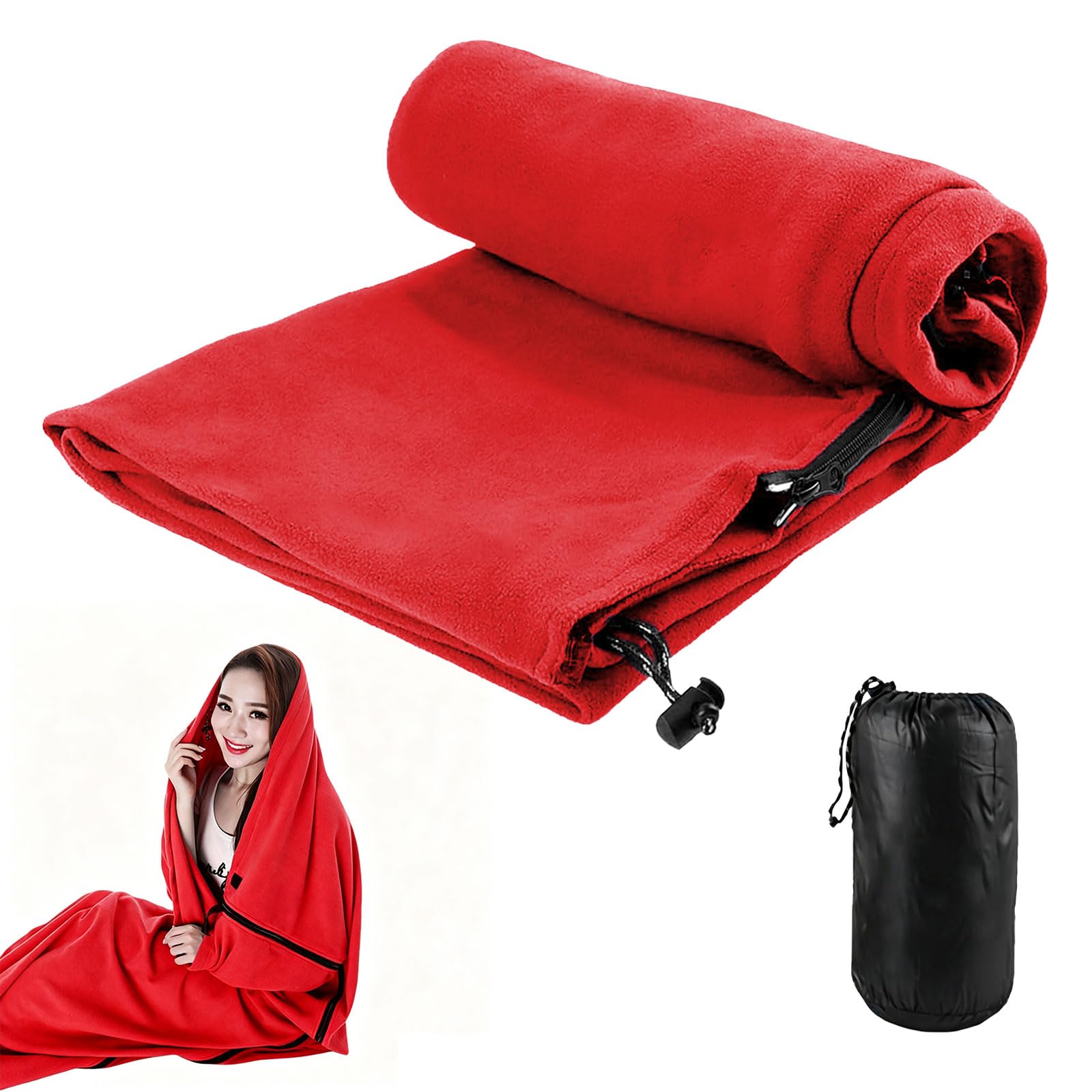 Schlafsack 180x82 cm Fleece - Hüttenschlafsack für Frühling & Sommer - 2-Wege-Reißverschluss - Koppelbar zum Doppelschlafsack - Weich Waschbar - Grau Schwarz Blau Rot