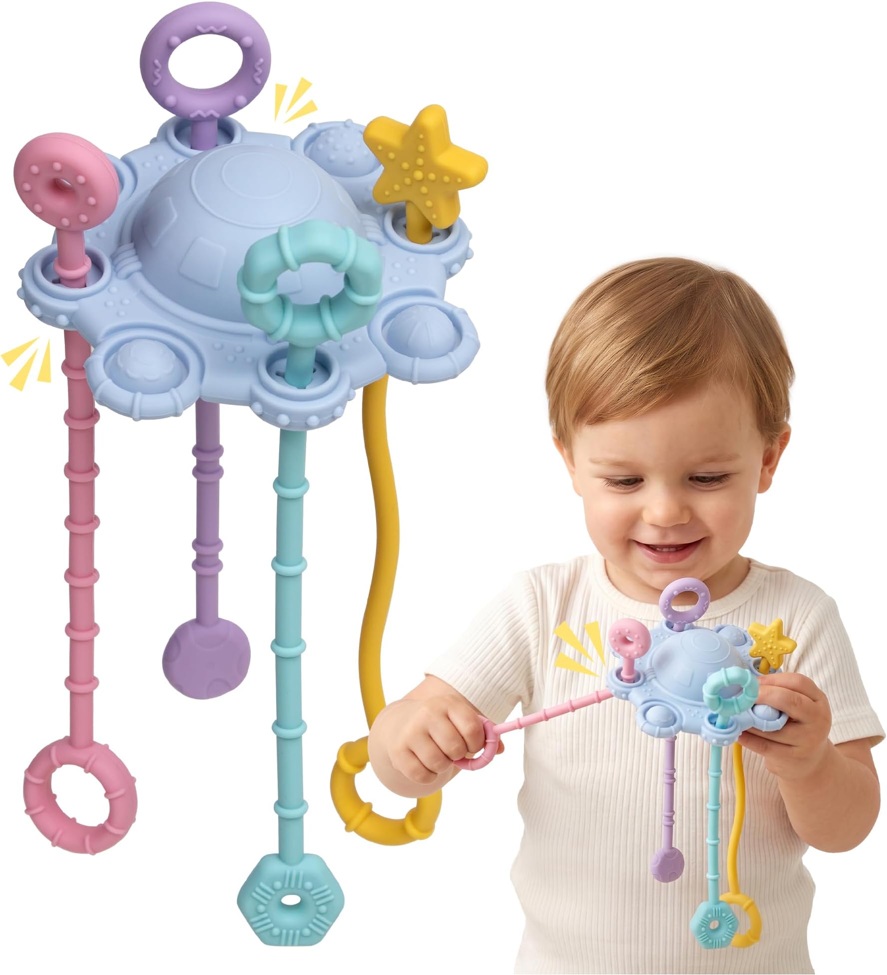 Montessori Pull String Toy, Food Grade Silicone Early Development Toy, Fine Motor Skills Travel Toy, Sensory Gifts (Blue)