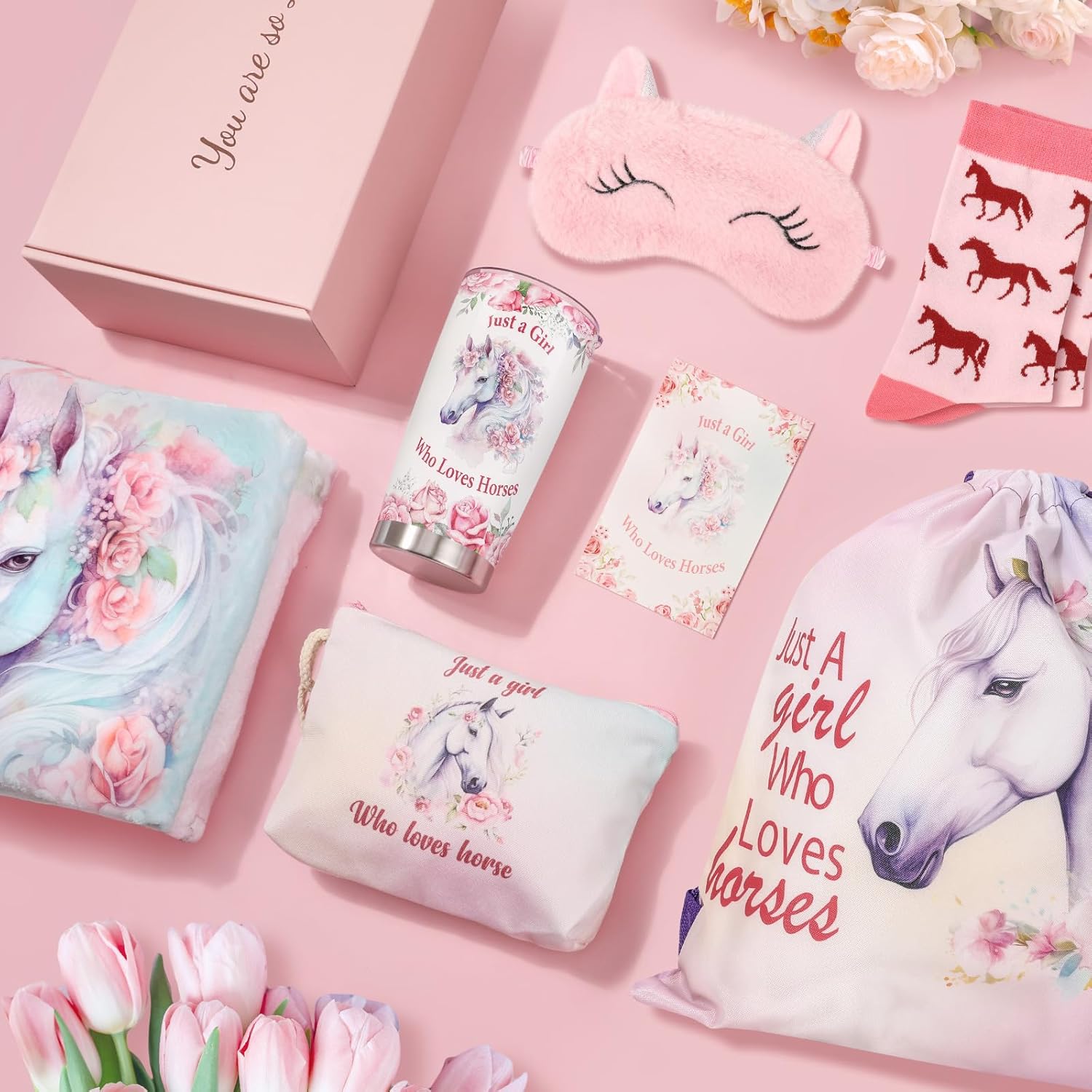 Horse Gifts for Teenage Girls, Birthday Horse Girl Gifts Box for 10 Pcs, Teenage Girls Gift Basket with Horse Blanket Cup Bag Eye Mask Socks Etc
