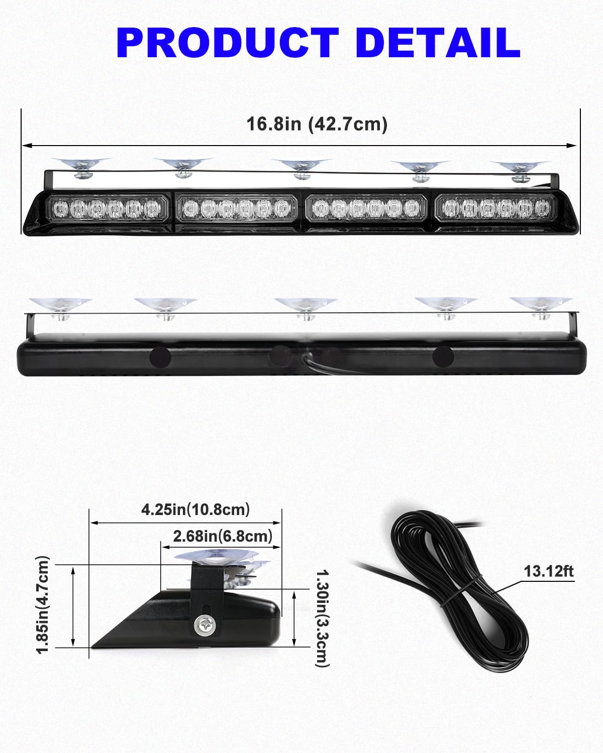 HLAUTO 6Z4J - Luces estroboscópicas de emergencia para salpicadero, luces de seguridad azules y blancas, 48 luces LED de advertencia para parabrisas de coche