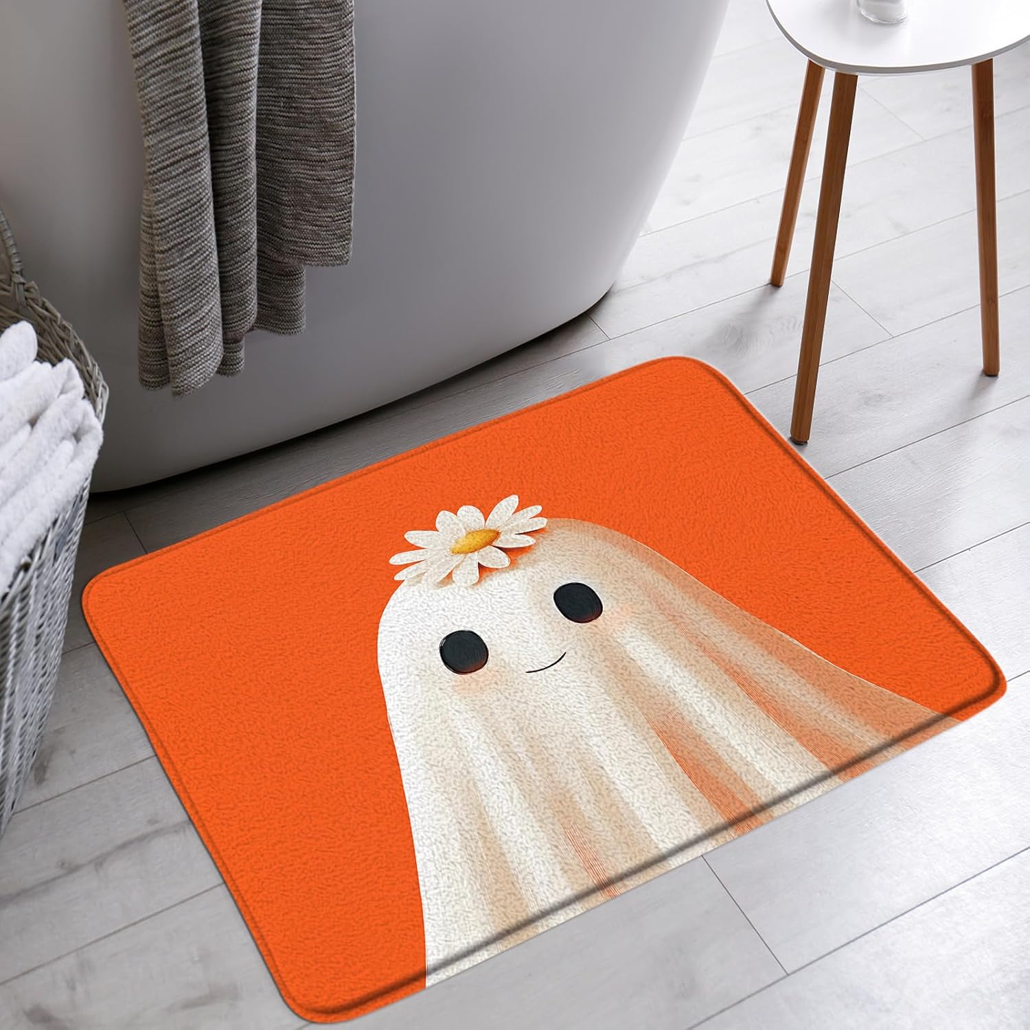 AMFD Spooky Halloween Bath Mat Funny Cute Orange White Ghost Icons Daisy Floral Scary Gothic Bathroom Bathtub Floor Rugs Doormat Toilet Decor,24 x 70 in