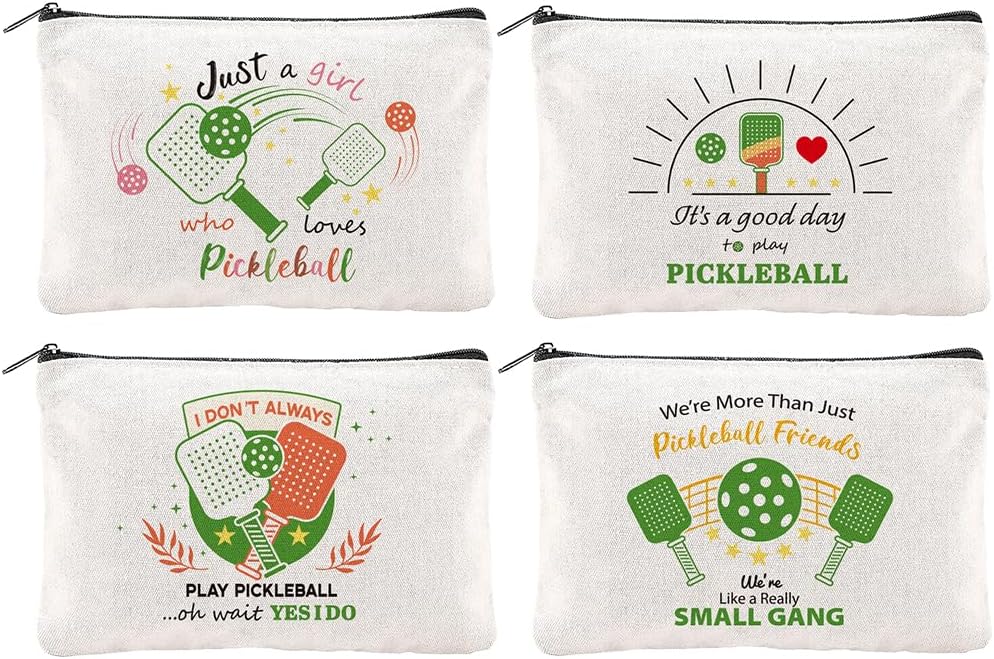4Pcs Pickleball Gifts Makeup Bags 5.91x9.06 inch Canvas Cosmetic Bags Dink Ball Bags with Zipper Polycotton Travel Toiletry Pouches for Women Party Shopping Home Travel Accessories