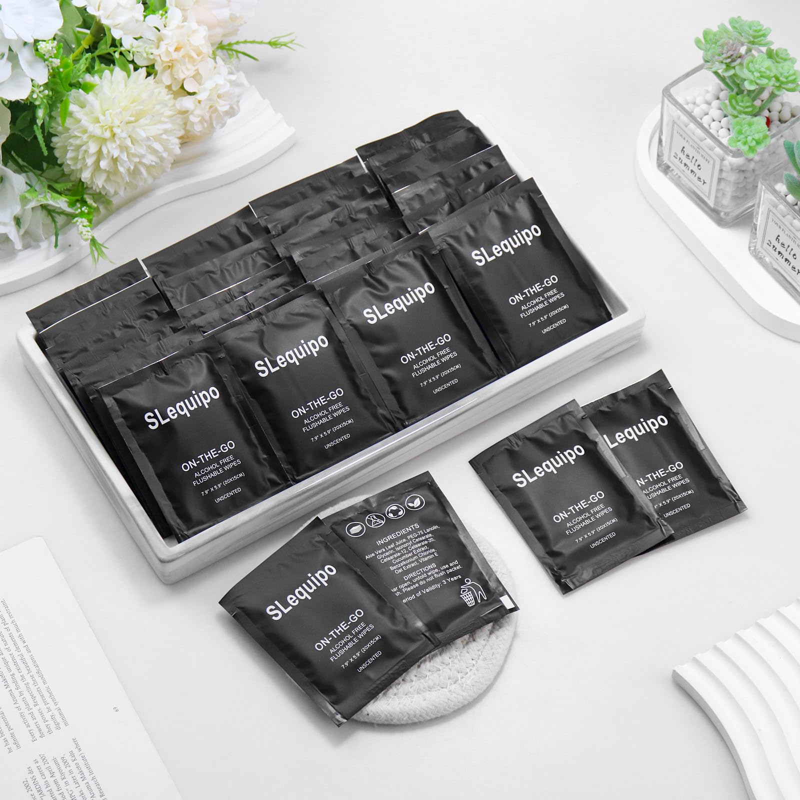 500 Pz Salviette Bagnate Flushable, Aloe Vera per Butt, Mani, Pulizia Viso, Individuo Avvolto, Formato Portatile, Ideale per Uso quotidiano, A base vegetale, Nero