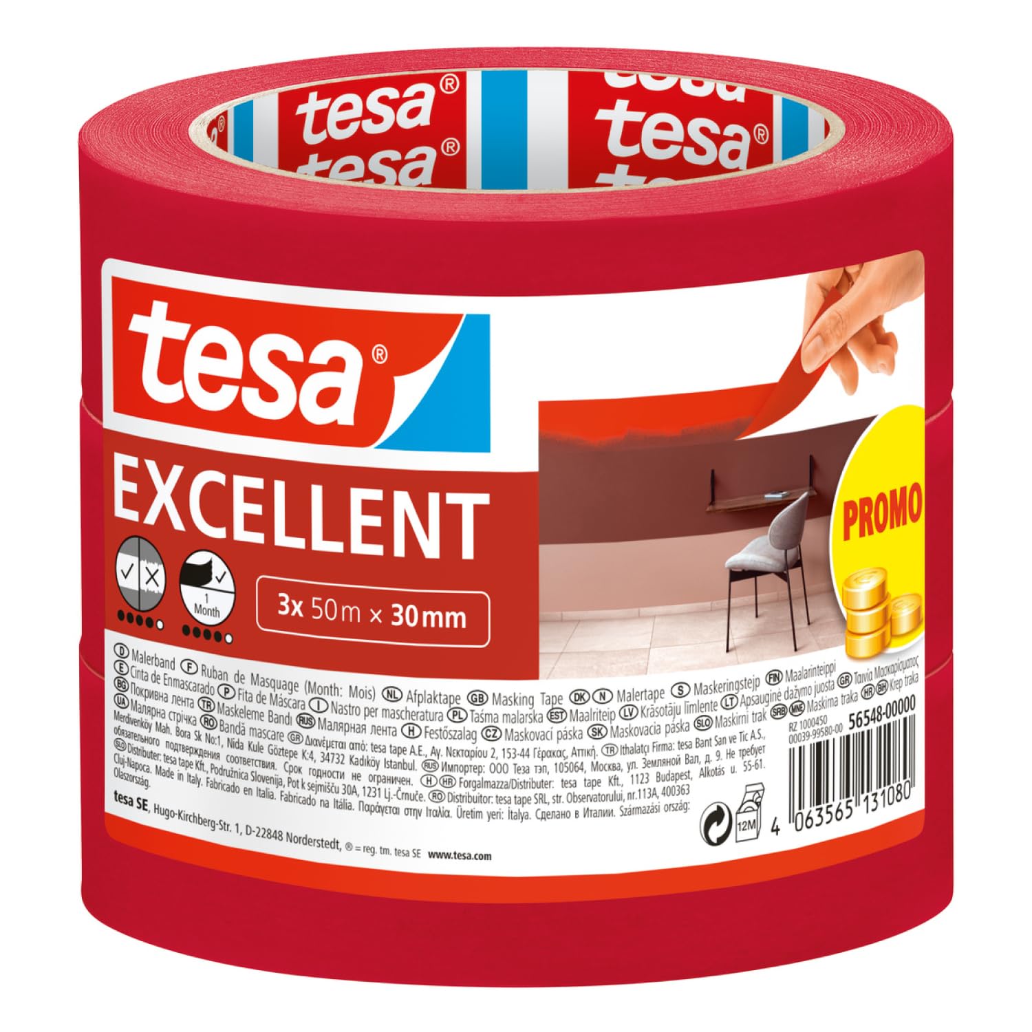 Tesa Uk Red Tesa Masking Tape Excellent - Painter's Tape With Thin Paper Backing For Masking During Painting Work - For All Paints, Varnishes, And Glazes - For Indoor Use - 3X 50 M X 30 Mm