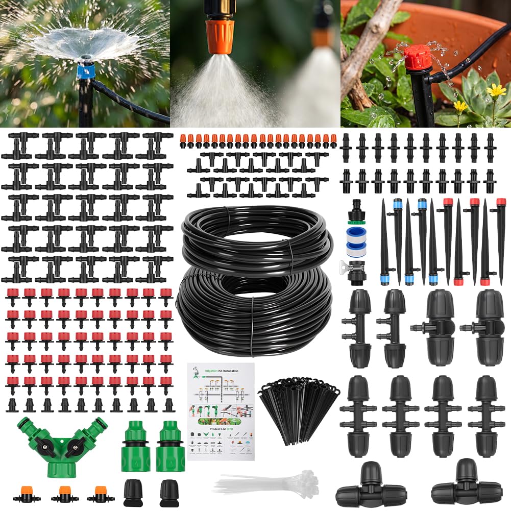 314 Pzs Sistema de Riego Jardín, con Tubería de Riegos de 60M + 15M | Kit de Ajustable Riego por Goteo Automático, Sistemas Riegos Automáticos para Jardin Invernadero Césped Patio Terraza