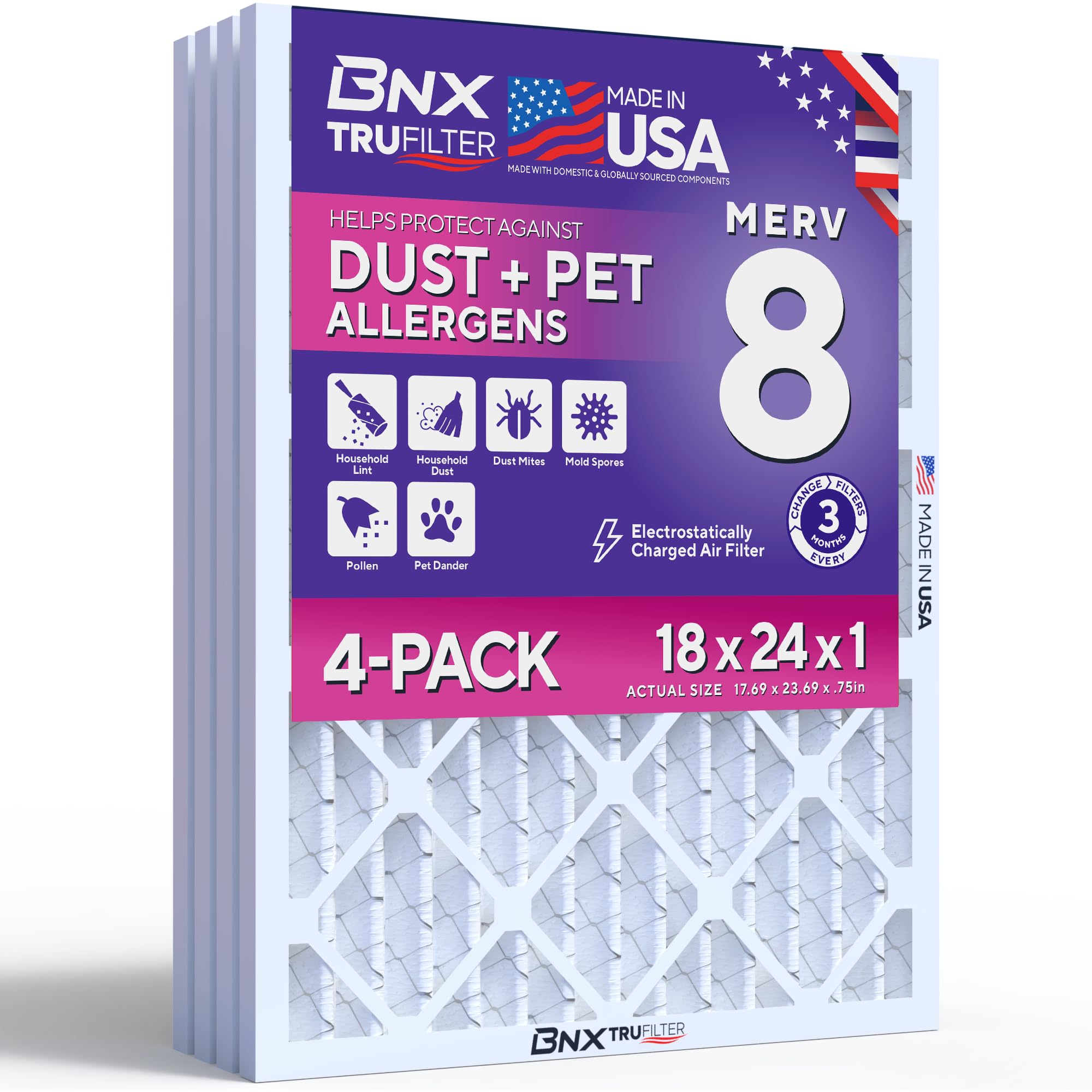 BNX TruFilter 18x24x1 Air Filter MERV 8 (4-Pack) - MADE IN USA – Dust &amp; Pet Defense Electrostatic Pleated Air Conditioner HVAC AC Furnace Filters for Dust, Pet, Mold, Pollen MPR 600 – 700 &amp; FPR 5