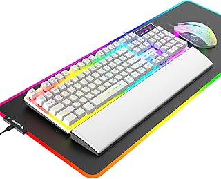 RGB Wired Keyboard Mouse Combo Mechanical Feel USB Gaming Keyboard 12 Chroma RGB Backlit+2400DPI RGB Mouse + Extra Large RGB Gaming Mouse Pad(31.5×11.8×0.2in)+Ergonomic Memory Foam Wrist Rest(White）
