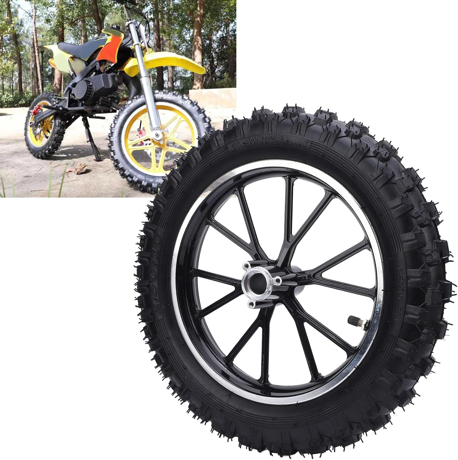 Luocute 2.5-10 Front Wheel Tire, 10in Dirt Bike Wheel Hub Tire with 12mm Bearing Assembly for Mini Dirt Bikes Mini Motorcycles (Black)