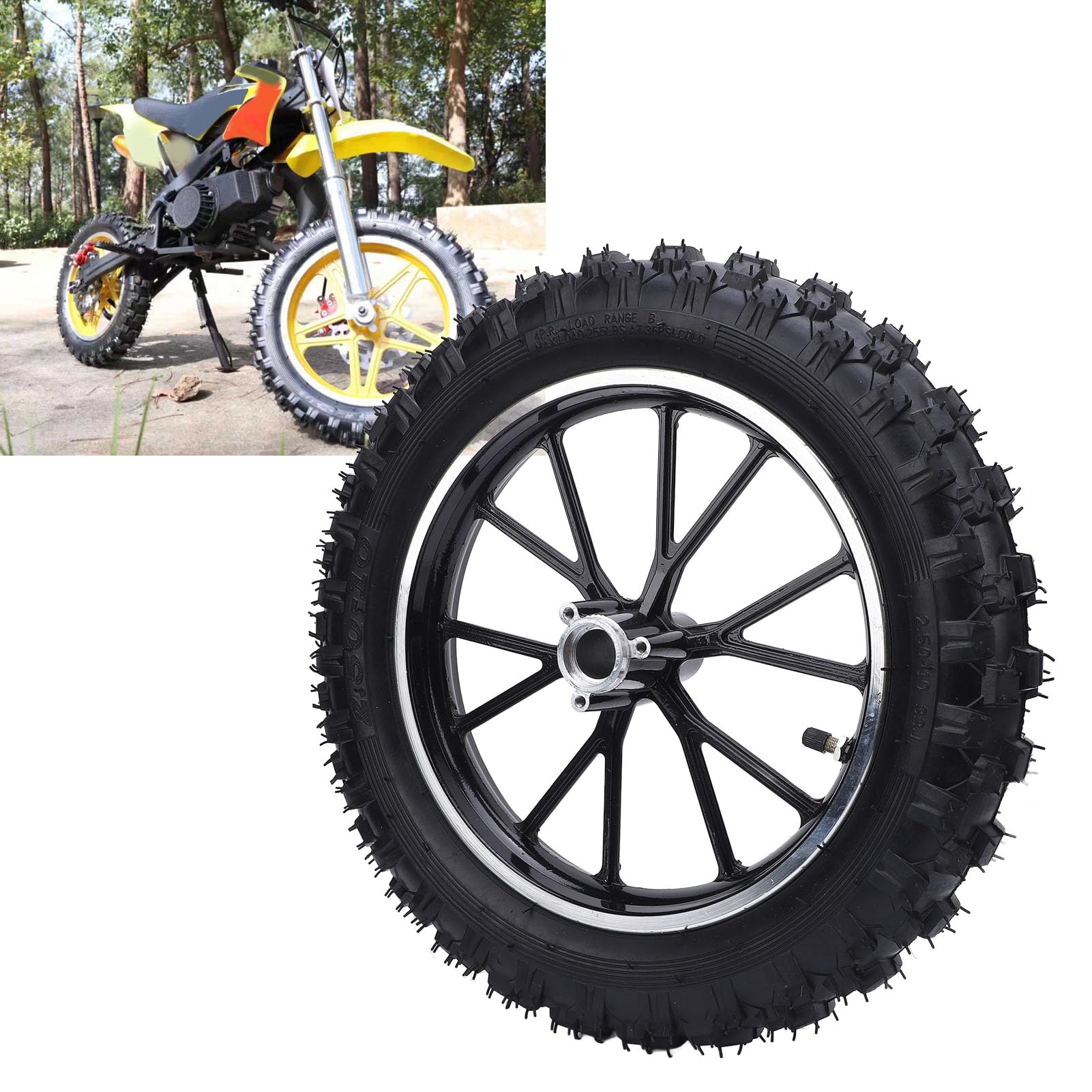 2.5-10 Opona z Przednim Kołem z wewnętrzną piastą Gumowa Odporna na Zużycie 10-calowa Piasta Koła Nadaje się do 49 Małych Motocykli Terenowych Mini Motocykle (BLACK)