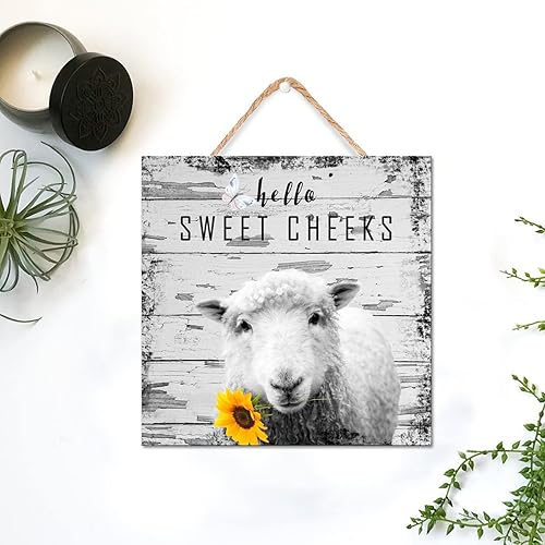 Miniatura 8 de Letrero de madera Hello Sweet Cheeks de 8 x 8 pulgadas, diseño de girasol de ovejas, animales de granja, pintura al óleo, arte de madera, idea de