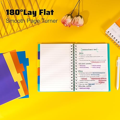 Miniatura 6 de Paquete de 2 cuadernos de 5 materias encuadernados en espiral de rayas anchas de 7 x 8.5 pulgadas, cuaderno de espiral de tapa dura con divisores,