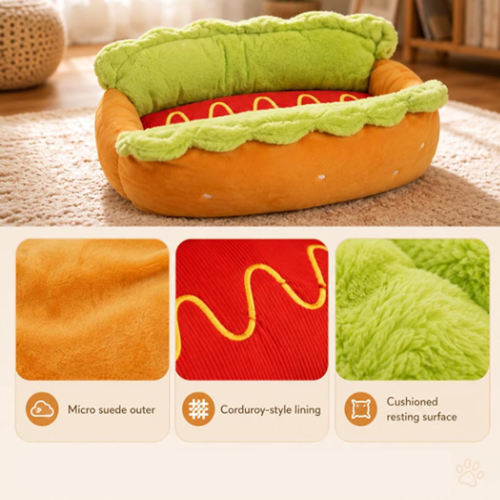 Genérico Cama para Perros «Hot Dog», con Un Divertido Diseño En Forma De Panecillo De Perrito Caliente, Sofá-Nido para Mascotas De Interior Fabricado En Microgamuza Y Pana Suave (1 Unidad L)