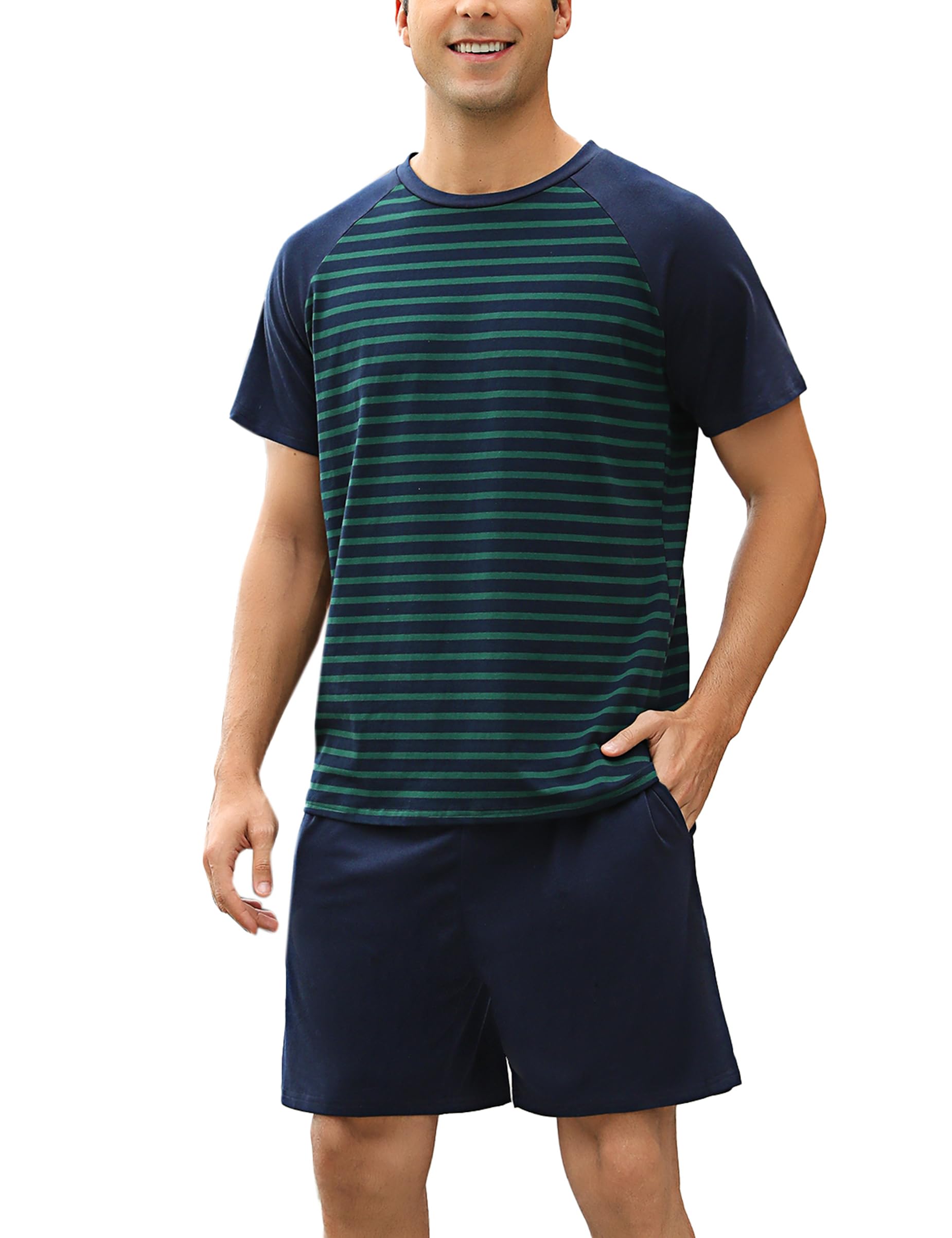 Bresdk Pijama Hombre Verano Conjunto de Pijamas Corto Manga Corta Camiseta y Pantalones Cortos con Bolsillos Suave y Cómodo