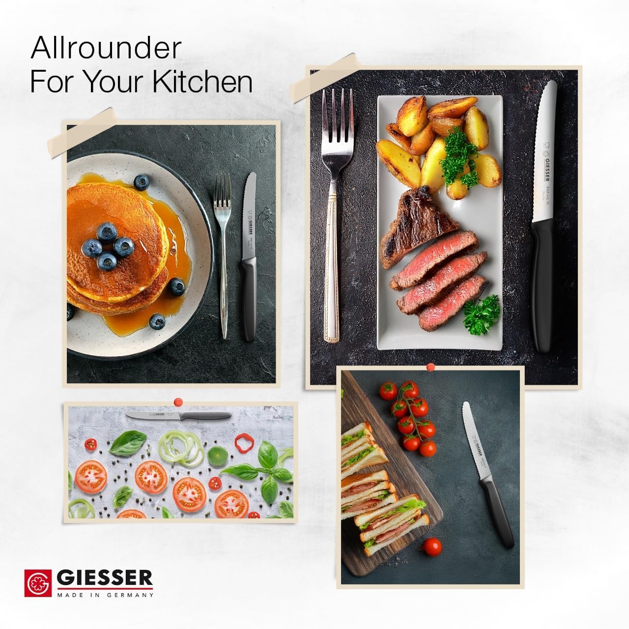 Giesser since 1776, Made in Germany, Serrated kitchen knives round tip dishwasher safe 4.5 inch - Tomato knife, Steak knive set of 6 (Black)