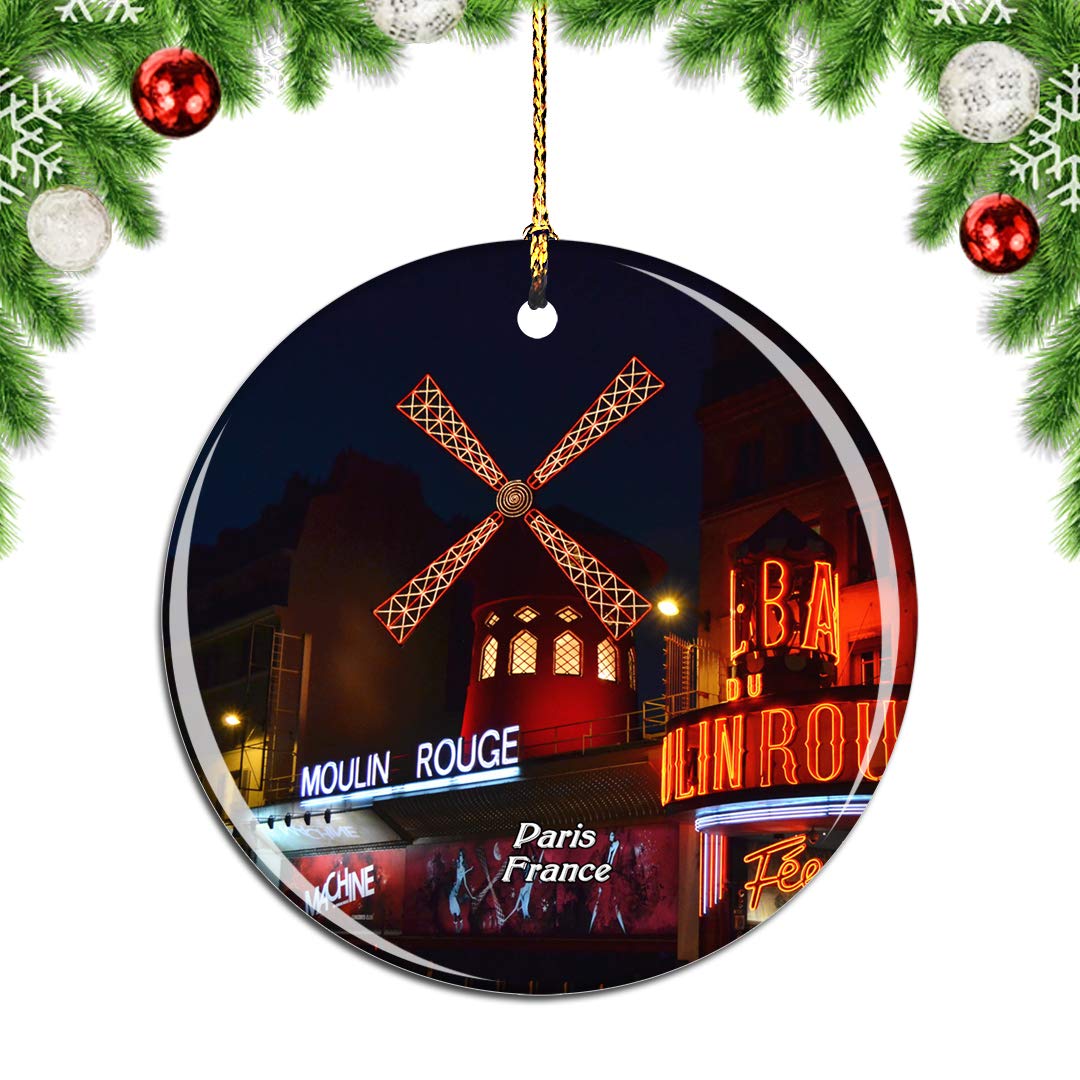 Weekino France Moulin Rouge Paris Christmas Xmas Tree Ornament Decoration Hanging Pendant Decor City Travel Souvenir Collection Double Sided Porcelain 2.85 Inch