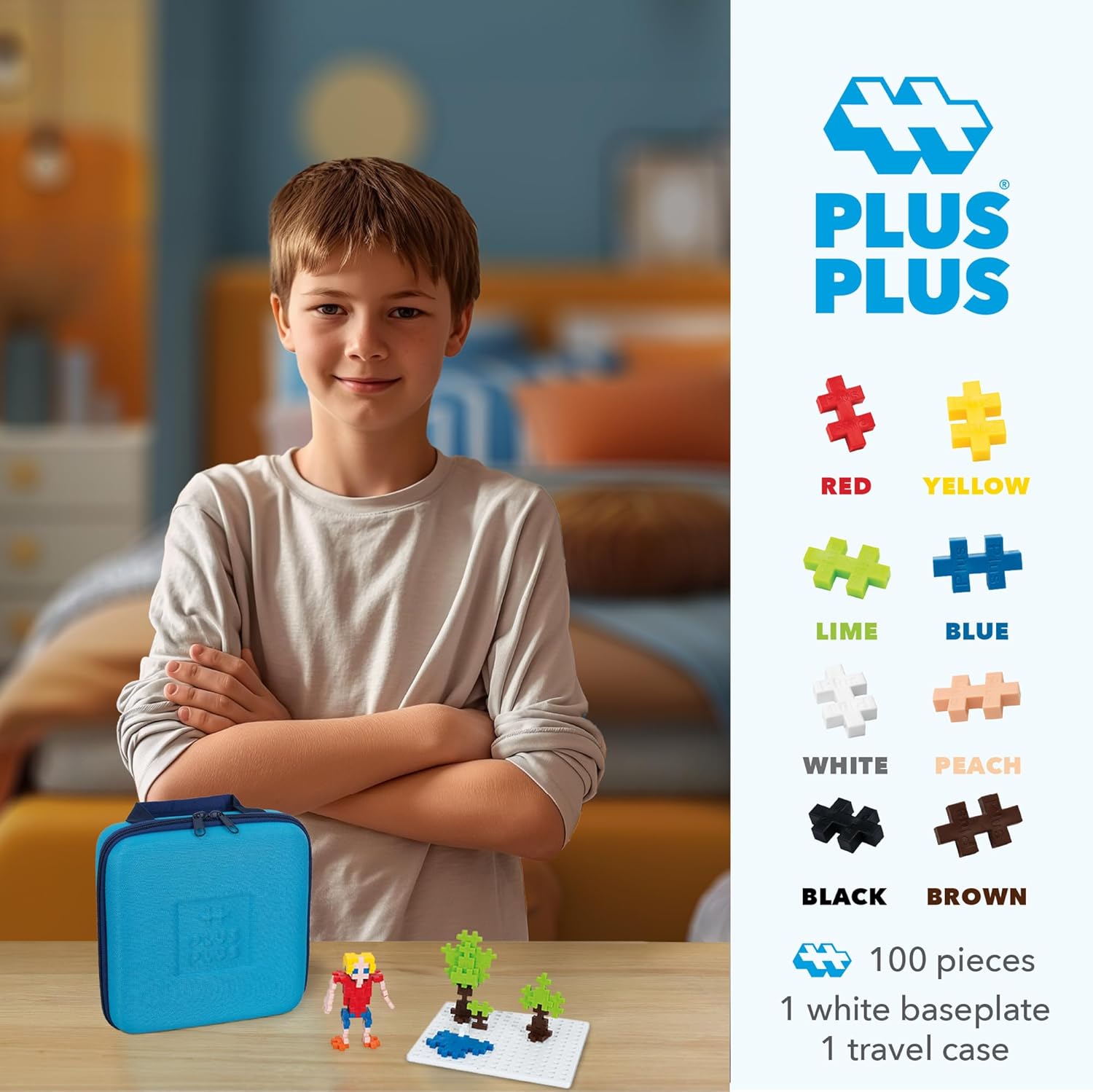 Child interacting with PLUS PLUS pieces and the travel case.