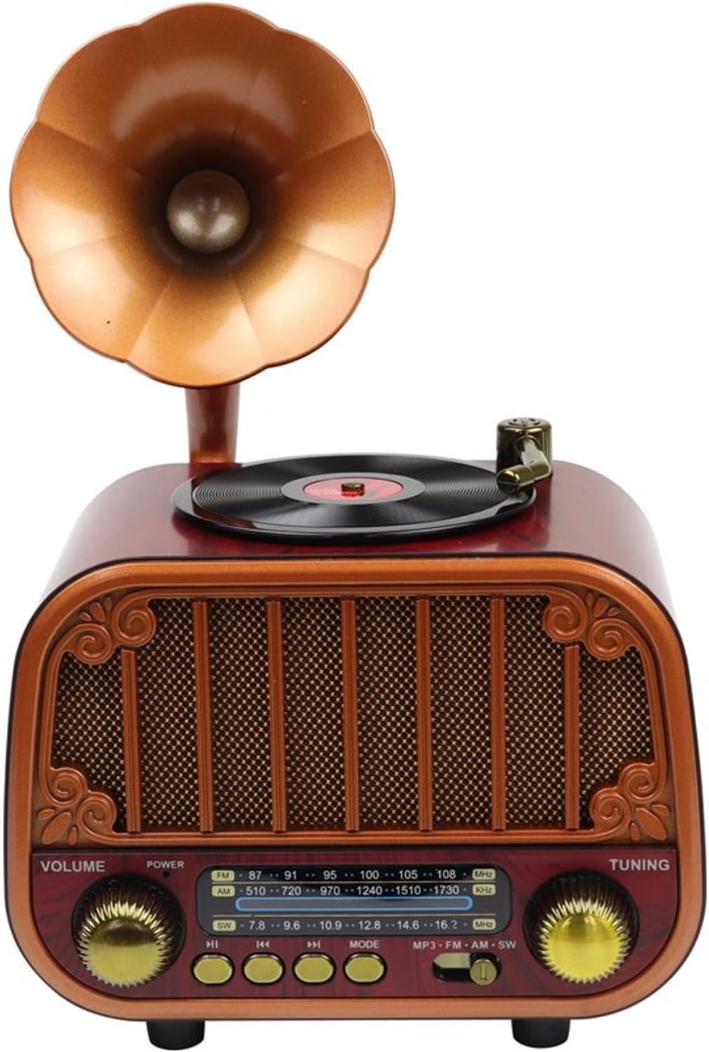 MD-1319BT Nostaljik Gramofon Tasarımlı Şarjlı Bluetooth Radyo (FM/AM/USB/AUX) (Koyu Kahve)