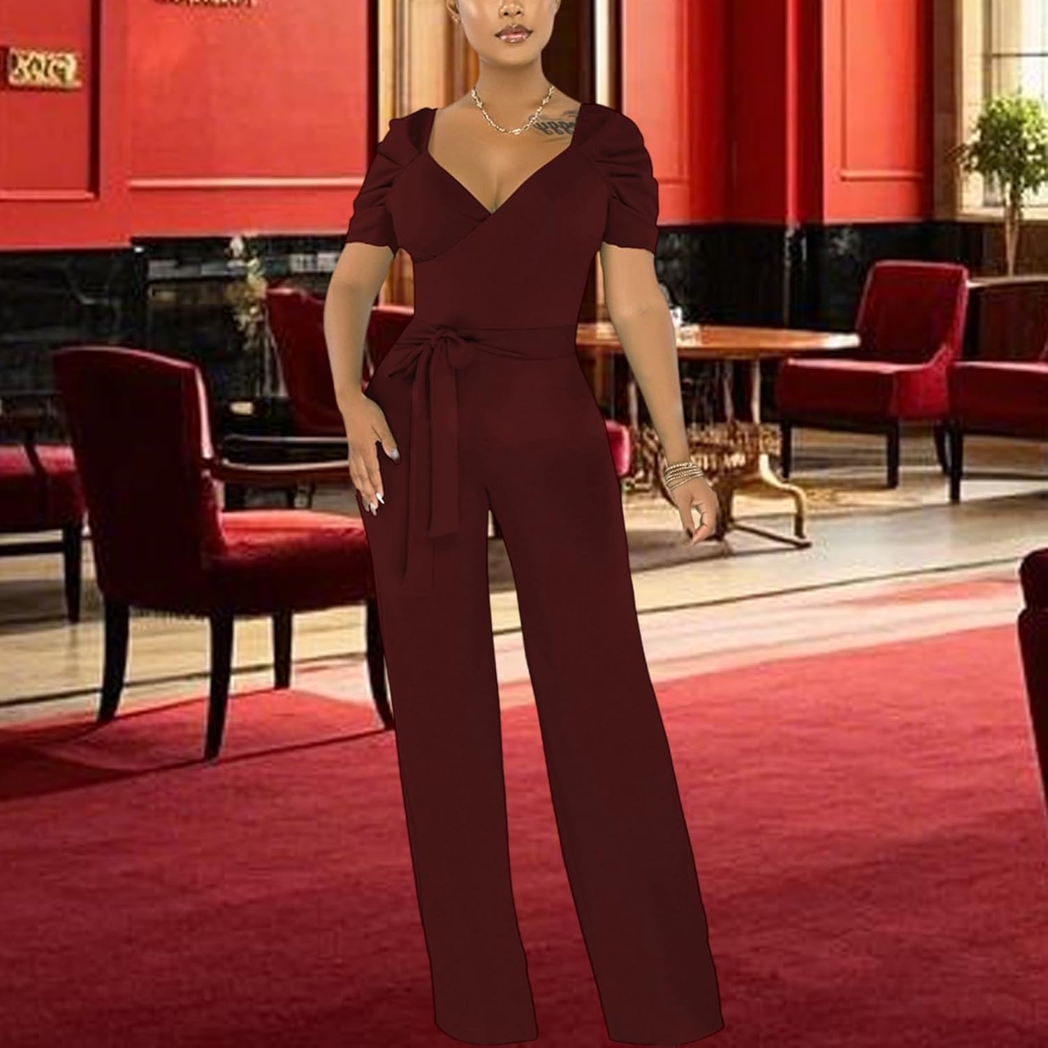 PaladMom Womens Elegant Plus Size Jumpsuits Sexy Back zipper Short Sleeve Mid Waist Wide Leg Straight Rompers - Image 6