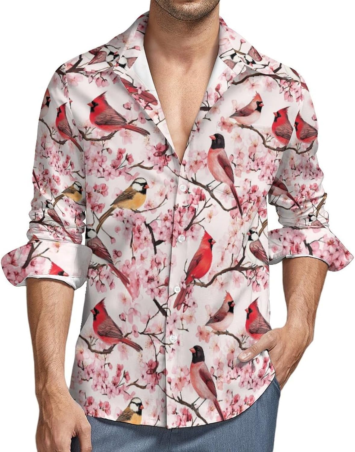 Cardinal Cherryflowers Long Sleeve Shirts Casual Dress Shirt Button-down T-shirts for Men