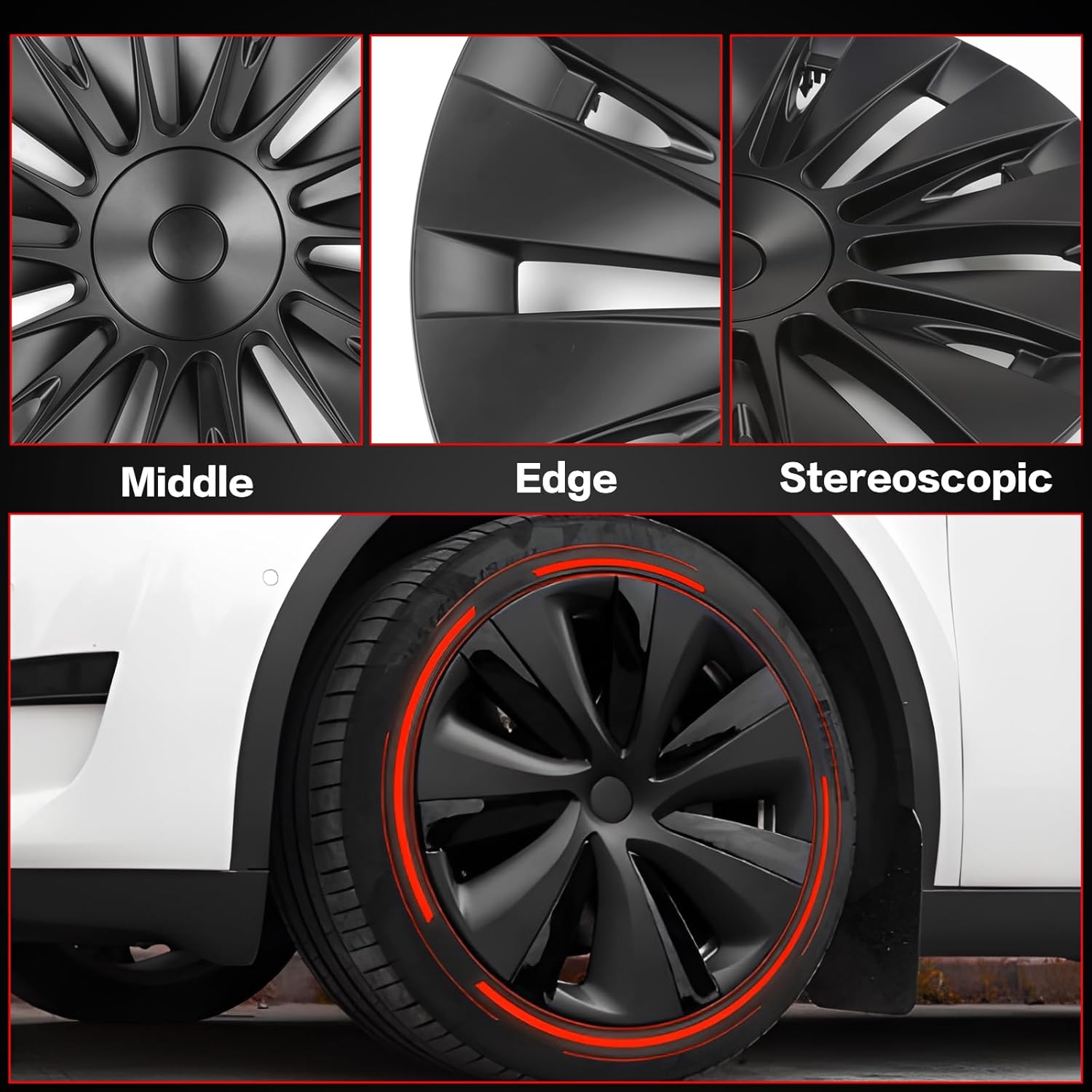 IKON MOTORSPORTS, 19 Inch Wheel Hubcaps Rim Cover Compatible with 2020-2024 Tesla Model Y, Matte Black ABS Plastic Hub Caps Wheel Skin Covers Replacement, 4 Pack