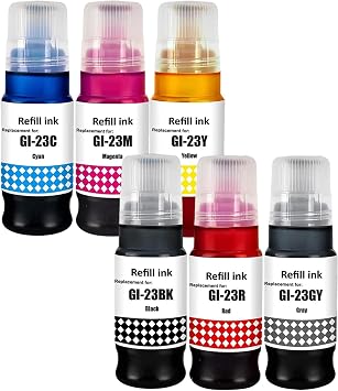 GI-23 GI23 Ink Refill Bottles Compatible for Canon PIXMA G520 G620 Printer 6-Pack, Black/Cyan/Magenta/Yellow/Red/Grey