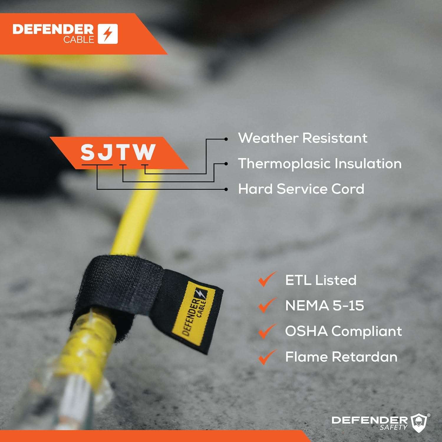 Defender Safety,Cable 12/3 Gauge,25 ft SJTW Contractor Grade Extension Cord,with Lighted end,UL/ETL Listed,All Purpose(OSHA Compliant)(DCE-310-22)