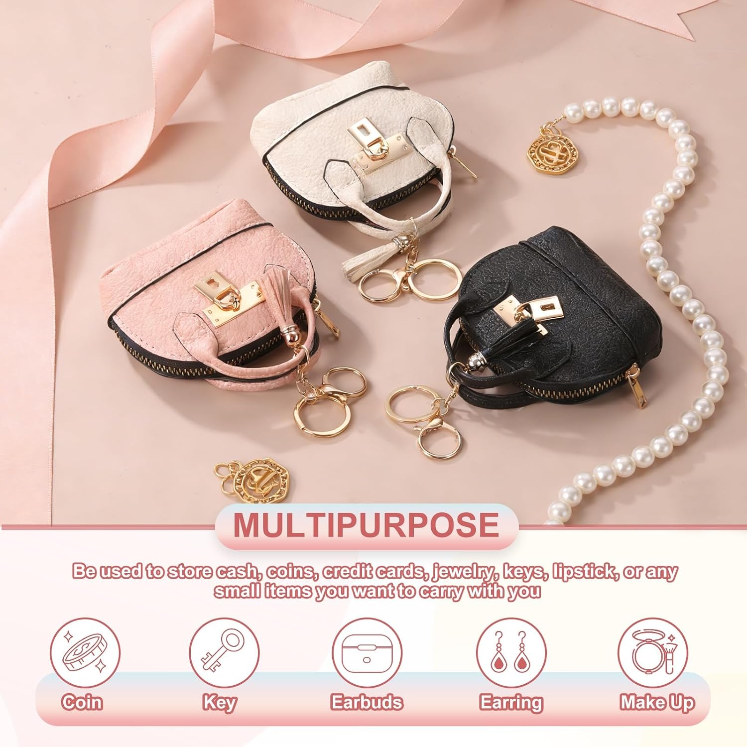 MECCANIXITY 2 Pcs Mini Tote Bag Keychain, Cute Coin Purse Keychain PU Leather Backpack Charm Tiny Purse with Zipper for Women Makeup Card Data Key Cable Organizer, Light Blue/Purple image 4