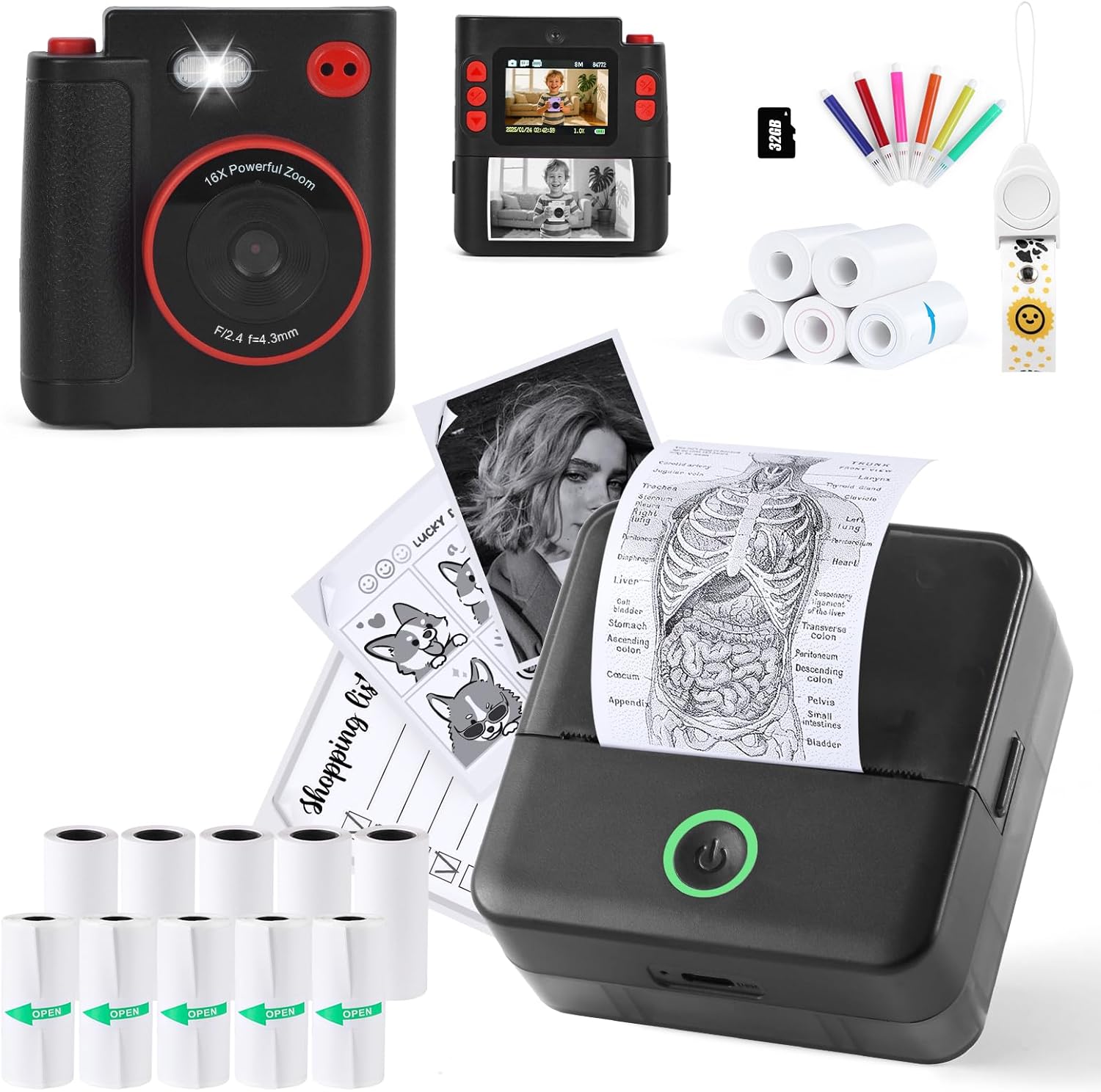 cudinham Print Pods X6 Mini Printer for Note with 10 Rolls Paper & X8D 1080P HD Dual-Lens Kids Camera Instant Print with 5 Rolls Paper and 32G TF Card