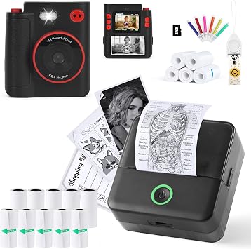 cudinham Print Pods X6 Mini Printer for Note with 10 Rolls Paper & X8D 1080P HD Dual-Lens Kids Camera Instant Print with 5 Rolls Paper and 32G TF Card