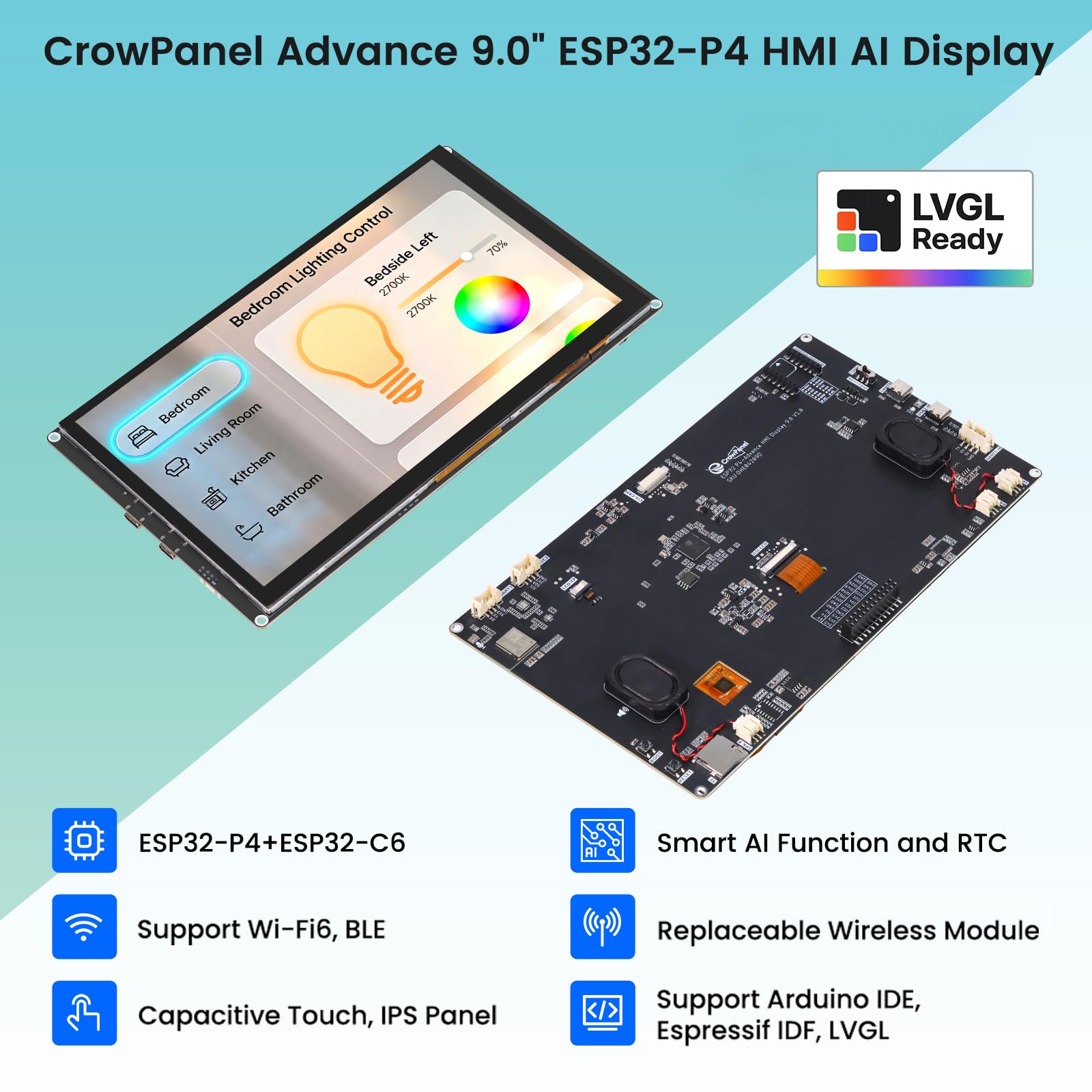 ELECROW ESP32 Display 1024x600, 9 Zoll HMI ESP32-P4 IPS Touchscreen, Unterstützung für KI-Sprachinteraktion, ESP32-P4 Dual-Core-Prozessor, bis zu 400MHz, kompatibel mit Arduino, LVGL (ohne Kamera)