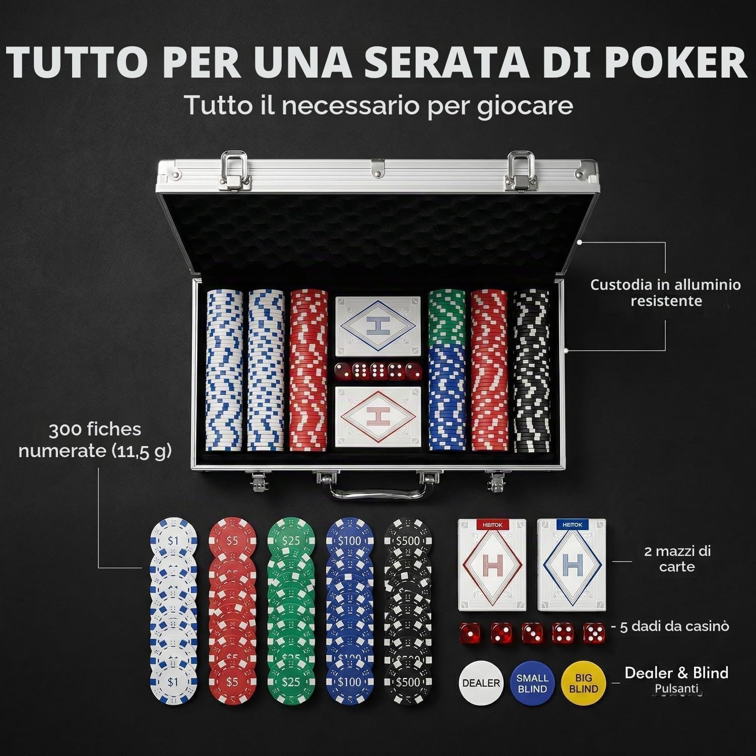HEITOK Set Poker 300 Fiches Numerate 11,5g Valigetta Alluminio Rinforzata Texas Hold'em Completo