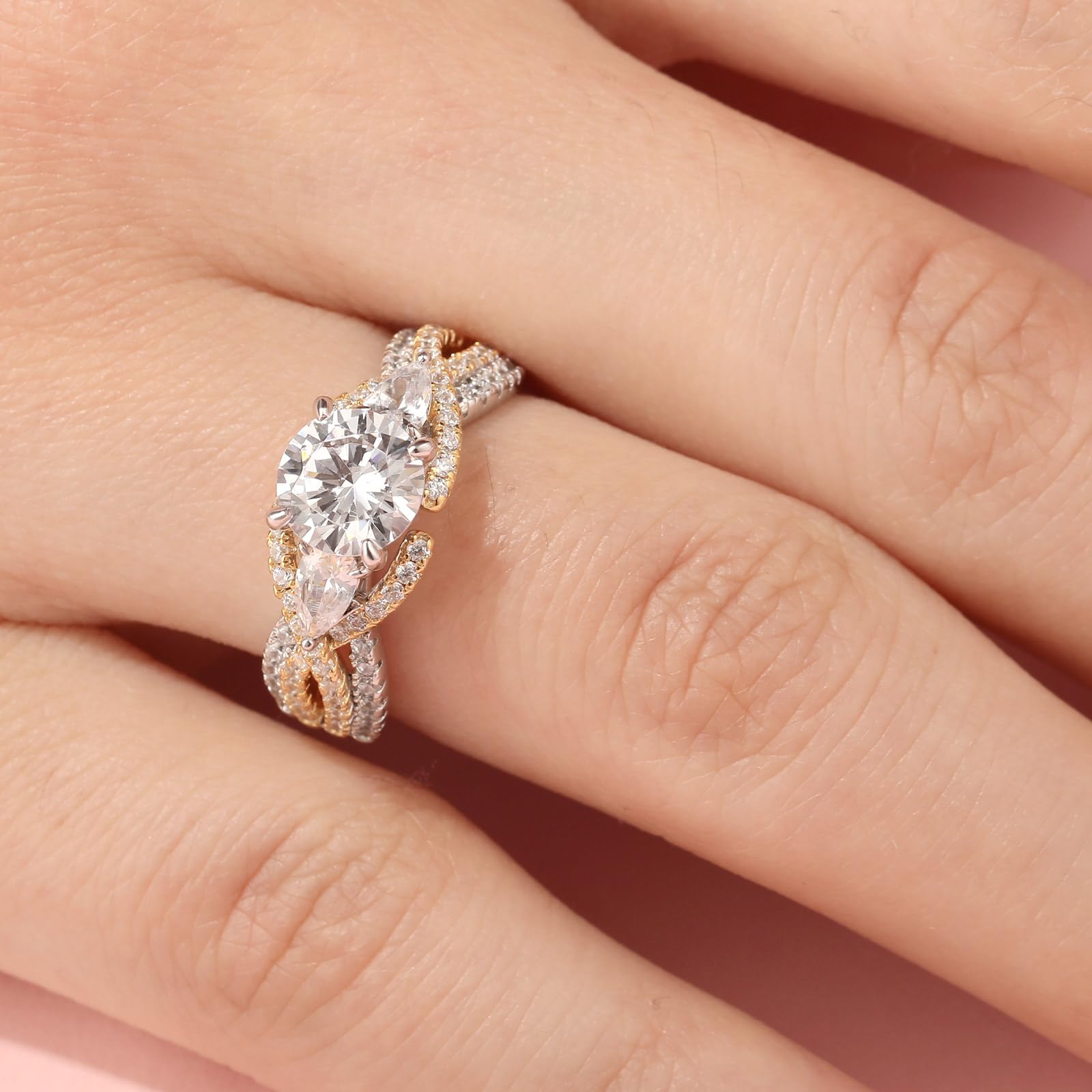 Jeulia Bague de proposition en argent sterling pour femme : deux tons floral taille ronde diamant éternité bague de fiançailles promesse mariage bague de fiançailles anniversaire bijoux cadeau