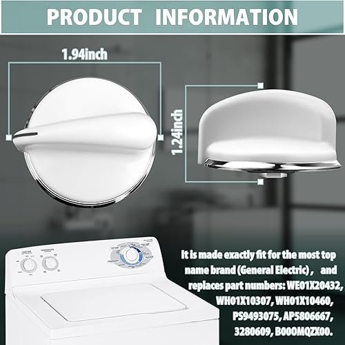 Miniatura 5 de HASMX Paquete de 2 pomos de repuesto para selector de lavadora y secadora para GE 175D3296 General Electric 175D3296P001 - Perilla blanca plateada