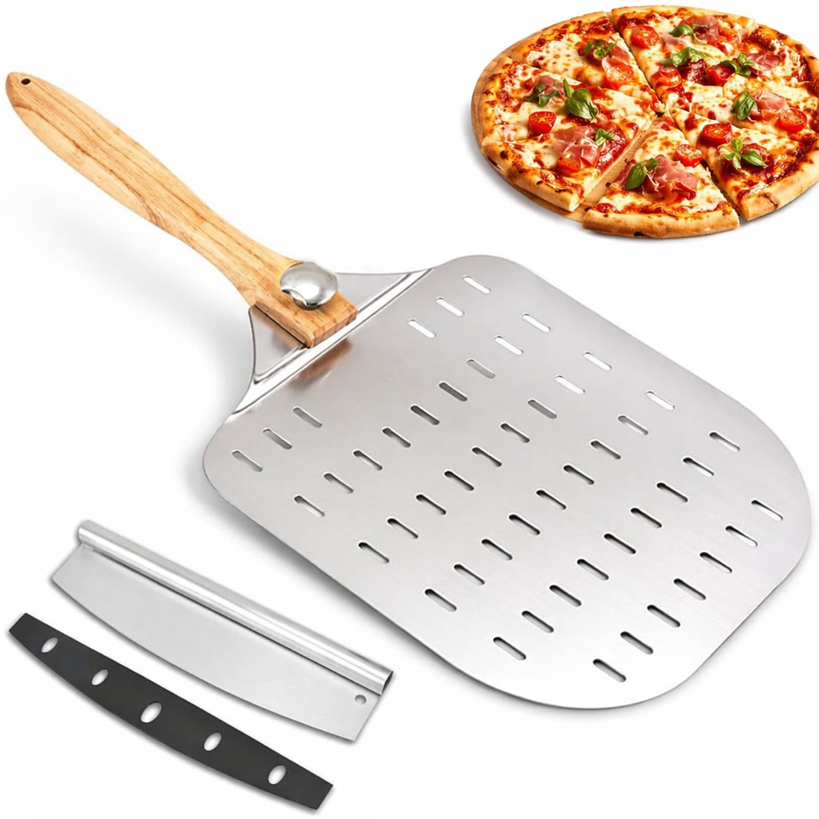 CHUNGG Pizza Peel 12‑Inch, Pizza Oven Accessories with Cutter & Wooden Handle for Homemade Baking, Dough, Bread & Cakes