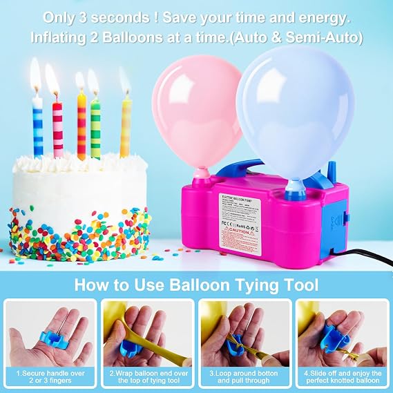 Electric Balloon Pump, Portable Electric Balloon Blower Machine Balloon Air Pump, Dual Nozzle 110V 600W Balloon Inflator for Party Decoration Christmas Birthday-Rose Red