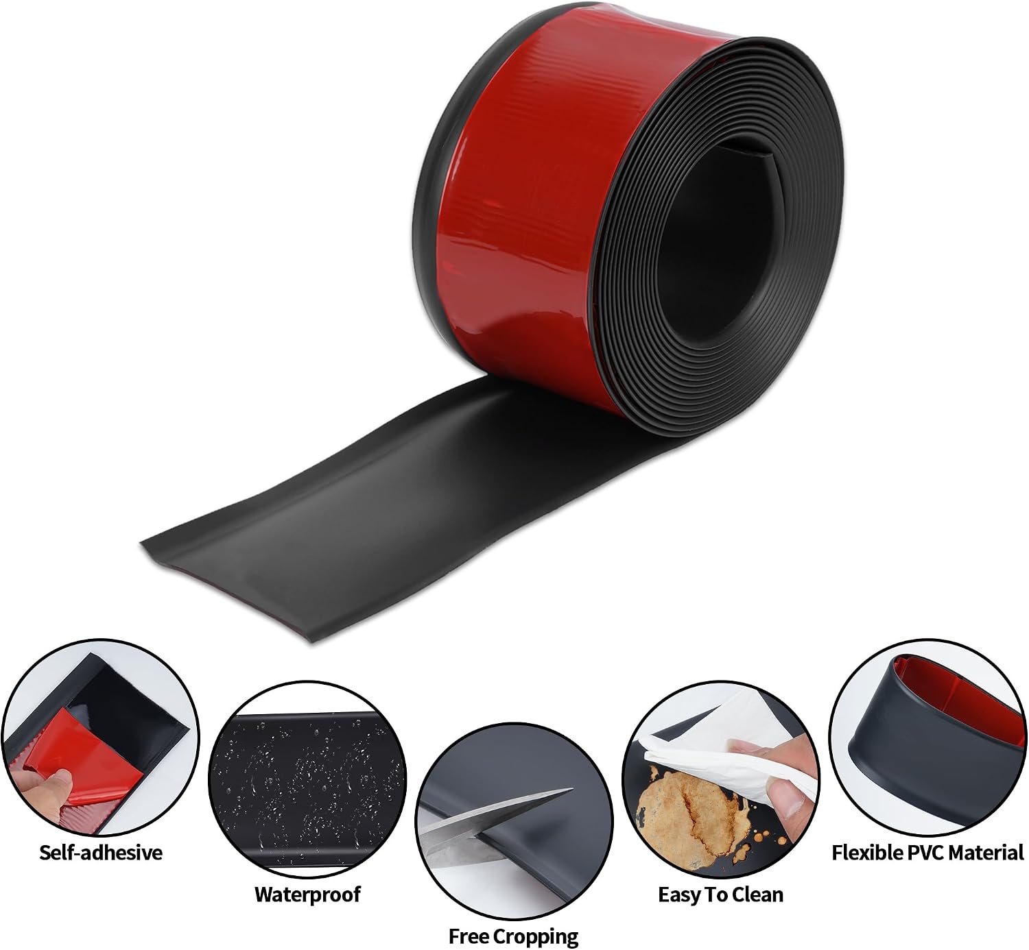 lesolar 4 Inch x 20ft Vinyl Wall Base Baseboard Molding Trim Peel and Stick Baseboard Trim Flexible Self Adhesive Baseboard Molding Trim, Rubber Wall Base Moulding Trim (Black)