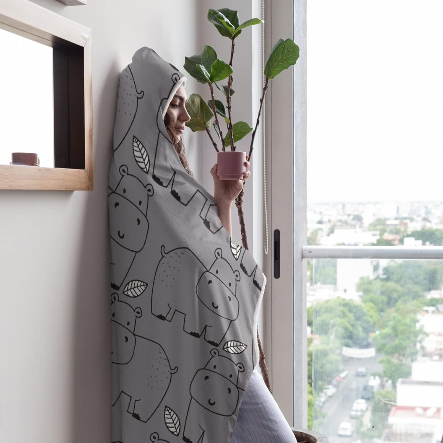 ARAHANT Cute Hippo Hooded Blanket, Cartoon Animal Hooded Blanket, Hippopotamus Gift for Kid, Flannel, Soft and Comfortable, Suitable for Sofa, Living Room, Bedroom, 60'' x 80'' for Adult